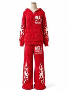 New Rockstar Original Red Hell Flame Mohair Fleece Zippered Hoodie & Joggers M